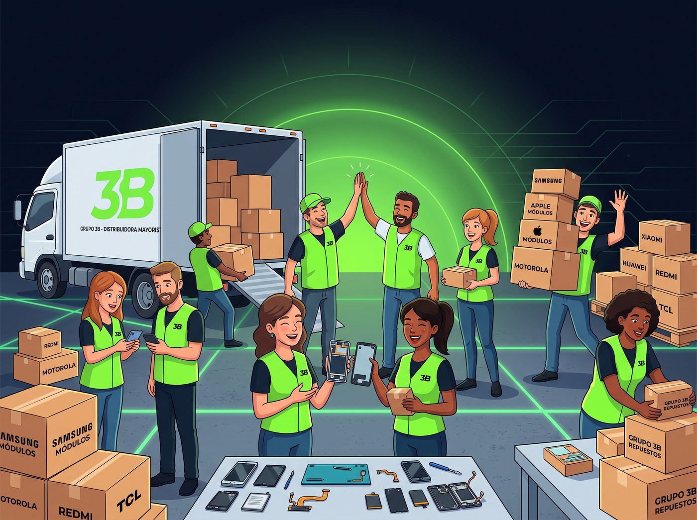 El equipo de Grupo 3B cargando cajas de módulos frente al camión de la distribuidora